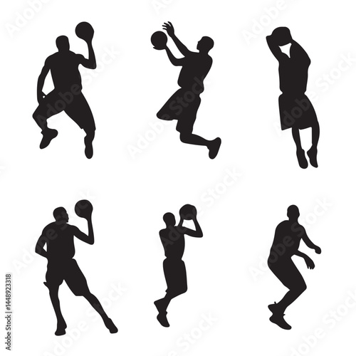 Basketball player silhouette vector set, basketball game action poses, sport graphic design elements vector