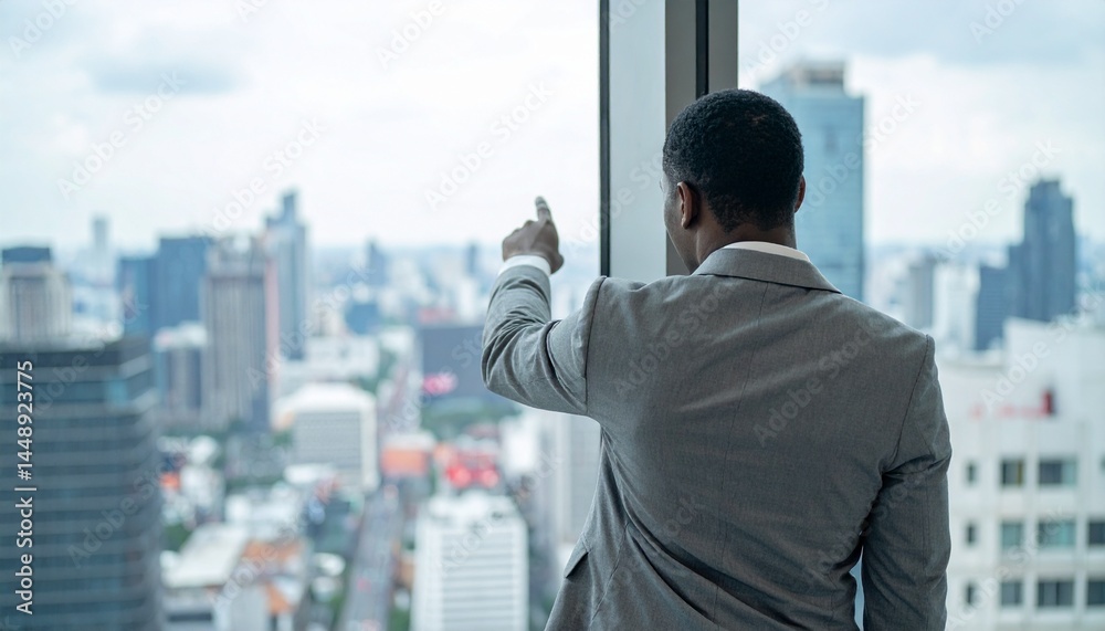 Image of a man in a gray suit pointing at a building in the distance from the rooftop of a high-rise building in the city center Image of a man in a gray suit pointing at a building in the distance from the rooftop of a high-rise building in the city center