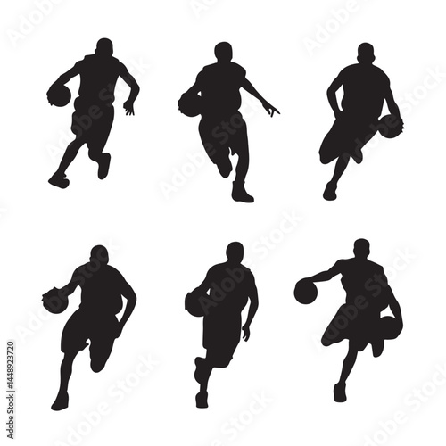 Basketball player silhouettes dribbling vector illustration sports action graphic design element collection