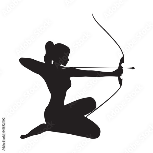 Silhouette of woman archer aiming bow and arrow archery target sport female warrior huntress vector art