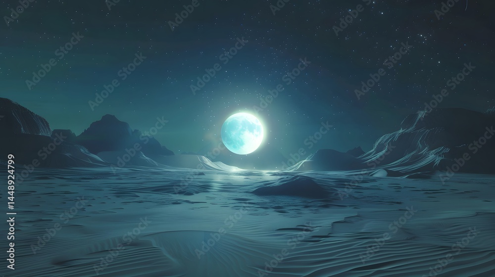 Obraz premium A serene celestial landscape featuring a bright moon shining over tranquil mountains.