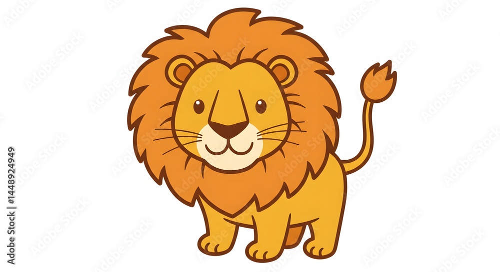 Illustration of a cartoon lion with a full mane standing on a white background in a simple style Illustration of a cartoon lion with a full mane standing on a white background in a simple style
