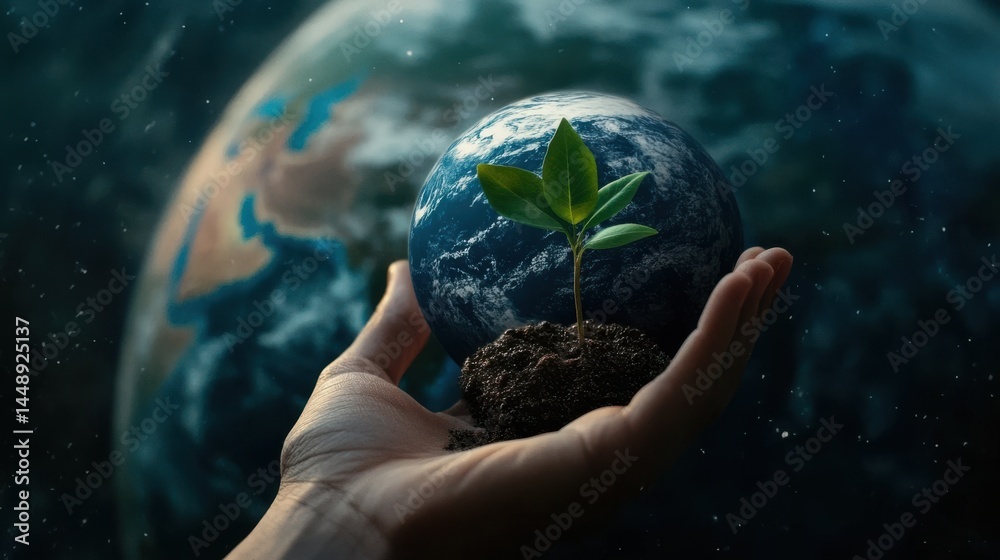 Hand Holding Globe with Green Plant Symbolizing Environmental Protection and Growth Hand Holding Globe with Green Plant Symbolizing Environmental Protection and Growth