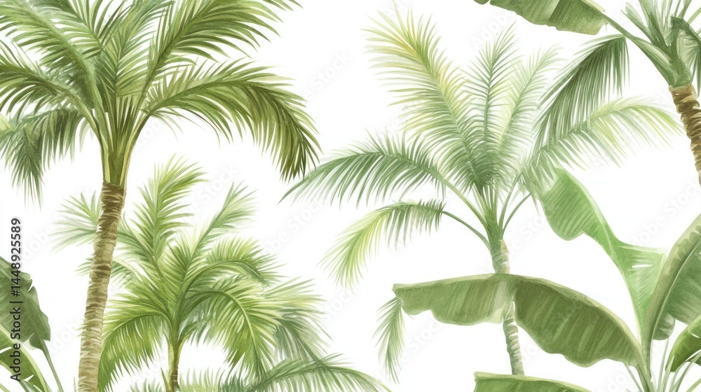 Fototapeta premium Watercolor Palm Tree Illustration with Green Leaves Against White Background