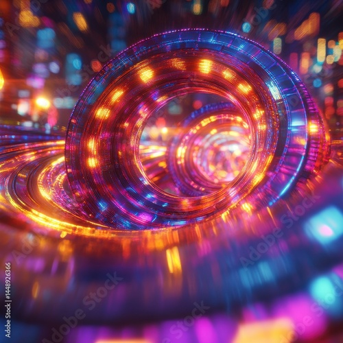 Vibrant Abstract Tunnel of Glowing Neon Lights and Geometric Patterns with Futuristic Aesthetic in a Circular Design and Shiny Reflections