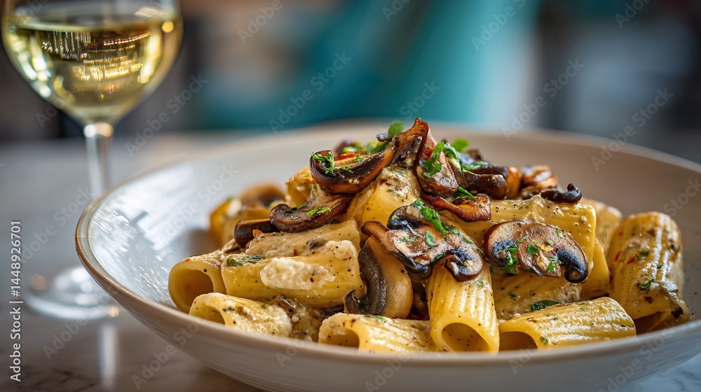 Rigatoni pasta with sauteed mushrooms served with white wine in a restaurant setting. Rigatoni pasta with sauteed mushrooms served with white wine in a restaurant setting.
