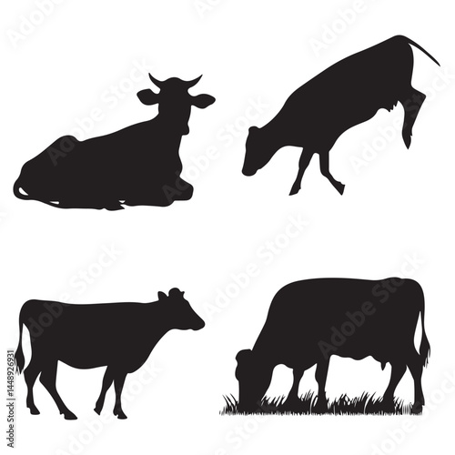 Cow silhouette vector set: black and white farm animal illustration for graphic design and printing needs