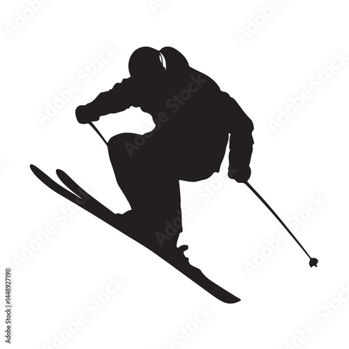 Skiing silhouette vector illustration for winter sports design and extreme ski jumping adventure graphics