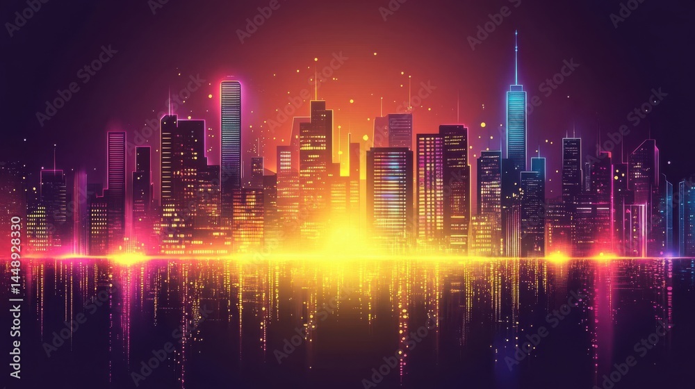 Obraz premium Vibrant Neon City Skyline at Dusk with Reflections on Water Surface