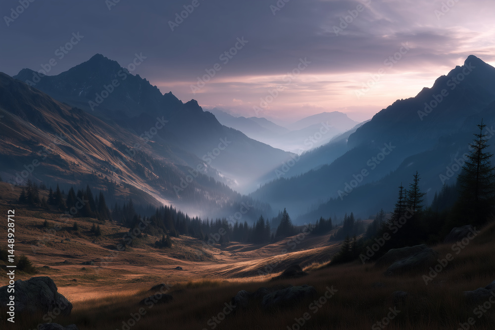 Obraz premium Misty Mountain Valley Sunset