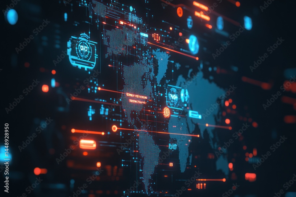 Obraz premium Global data visualization with interactive elements. World map overlaid with dynamic information, showing connections, and metrics. Network of data points