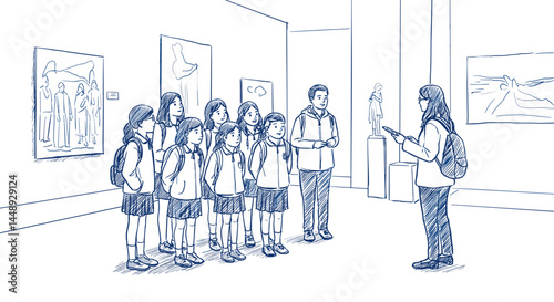 School Children Attentively Listening to Guide, Hand Drawn Style Sketch Vector Illustration. Museum Visit, Education, School Trip. Editorial Use, Educational Design