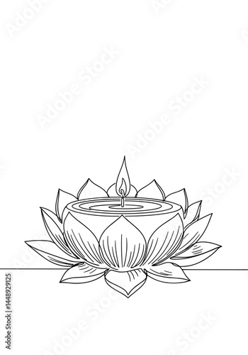 Lotus Candle in Bowl Illustration, Minimalist Line Art Outline Vector. Serenity Symbol, Vesak Holiday, Buddhism, Spirituality. Graphic Asset, Religious Design
