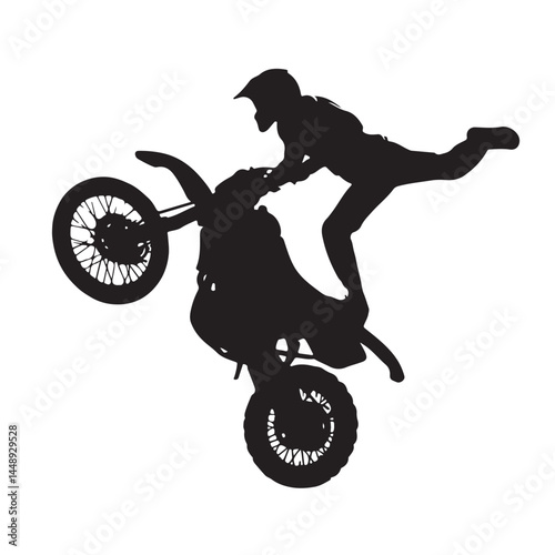 Motocross freestyle silhouette, motorcycle stunt rider, extreme sport, bike jump, black vector illustration