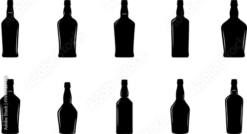 Bottle shape icon set. Beverage, drink, alcohol silhouette. Glass bottle symbol. Pub, bar concept. Brewery icon label design. Whiskey, vodka, cocktail, wine, beer, rum, cognac, martini, brandy bottles