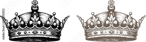 Hand drawn Crown. Vintage engraved illustration. Heraldic Design. King Crown sketch. Hand drawn royal symbol of power drawn on white. Vintage engraved illustration