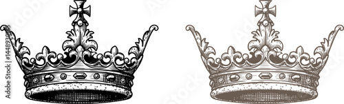 Hand drawn Crown. Vintage engraved illustration. Heraldic Design. King Crown sketch. Hand drawn royal symbol of power drawn on white. Vintage engraved illustration