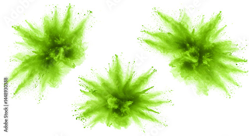Set bundle Green color powder dust explosion PNG transparent background isolated graphic resource. Celebration, colorful festival, run or party element