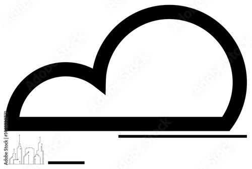 Oversized cloud forming the central design with small city skyline underneath and horizontal lines. Ideal for technology, cloud storage, innovation, environment, connectivity, futurism, simple