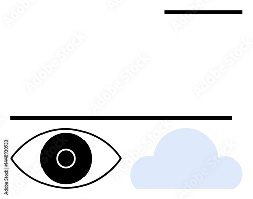 Abstract eye graphic next to a soft blue cloud with minimal black lines. Ideal for creativity, innovation, vision, simplicity, branding, clarity, and a simple landing page