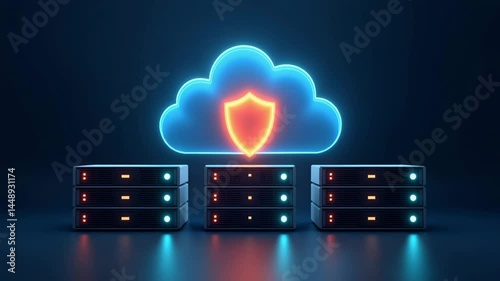 Digital cloud security concept with servers and shield icon  
