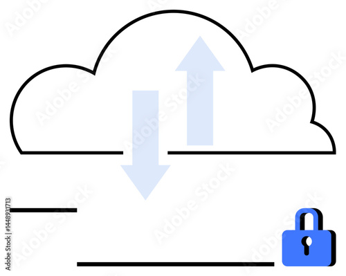 Cloud outline with upward and downward arrows and a locked padlock. Ideal for data storage, online security, backup, cloud computing, privacy, encryption, and file sharing. Flat simple metaphor