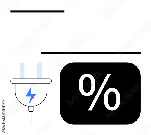 Electric plug with lightning icon next to bold percentage symbol, representing energy usage. Ideal for energy saving, efficiency, electricity costs, sustainability, renewable energy, technology