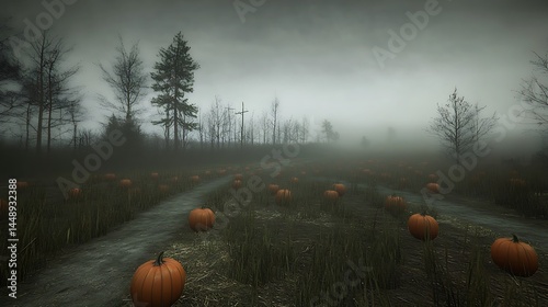 Mysterious autumnal path through foggy field of pumpkins