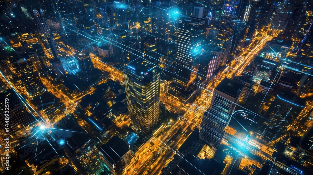 Futuristic cityscape illuminated with neon connections at night time aerial view Futuristic cityscape illuminated with neon connections at night time aerial view