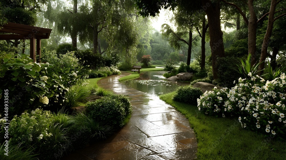 Naklejka premium Explore 3D retreat featuring peaceful morning garden path winding through lush foliage into serene tranquility