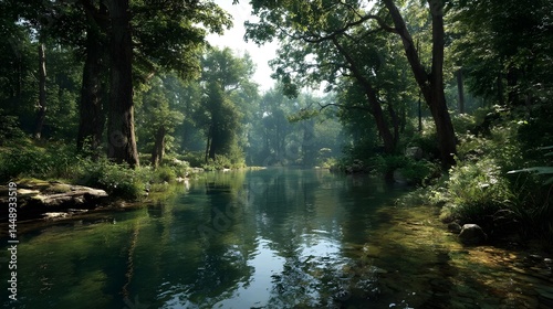 Experience landscapes along a flowing river lined with lush green trees offering peaceful serene escapes