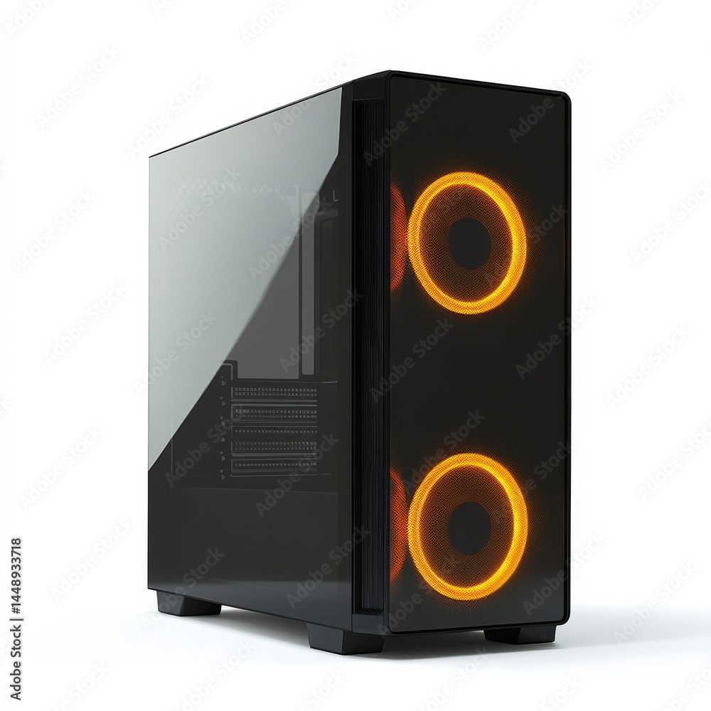 Obraz premium Sleek Black Computer Case with Orange LED Lights on white background