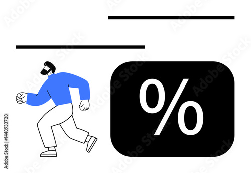 Person walking with determination towards a bold percentage symbol, suggesting discounts, goals, or financial pursuits. Ideal for shopping, business, finance, savings, motivation marketing flat