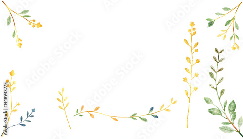 Watercolor Gold glitter arrangements with leaves, herbs. Herbal illustration. Botanic composition for wedding, greeting card. Watercolor wreathes and frames, magazine photoshoot. with white shades