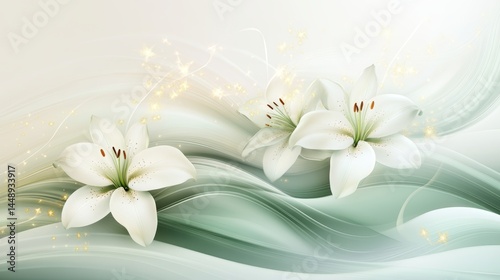 A beautiful abstract art features dainty white flowers intertwined with flowing green ribbons, generating a calm and enchanting atmosphere with sparkling highlights