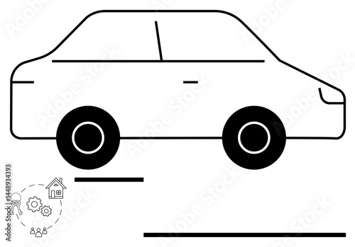 Simplified car outline with minimal elements complemented by small icons of keys, gears, home, and people, suggesting concepts of vehicle ownership, mobility, and community connection. Ideal