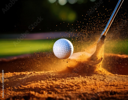 Dynamic golf ball shot from sand bunker with club, flying sand particles, outdoor sports action, sunny day, close up, energetic, professional golf scene