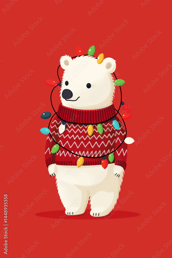 Fototapeta premium Cute Christmas polar bear with string lights and sweater on red background