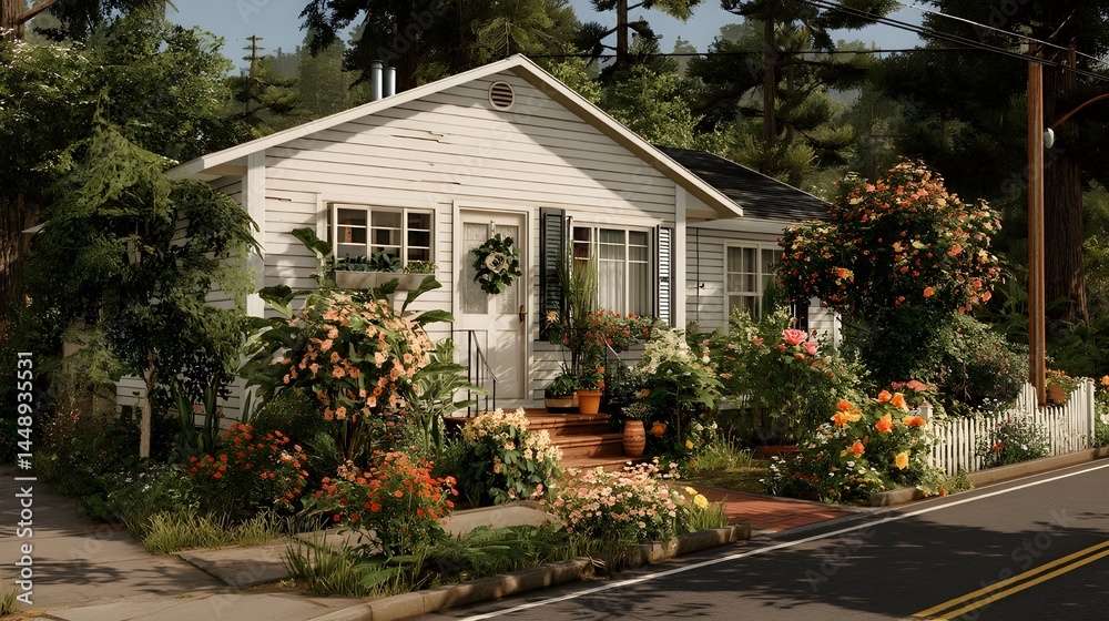 Fototapeta premium Experience Cozy Bungalow Charm with a Heartwarming Home Surrounded by a Lush Flower-Filled Garden Oasis
