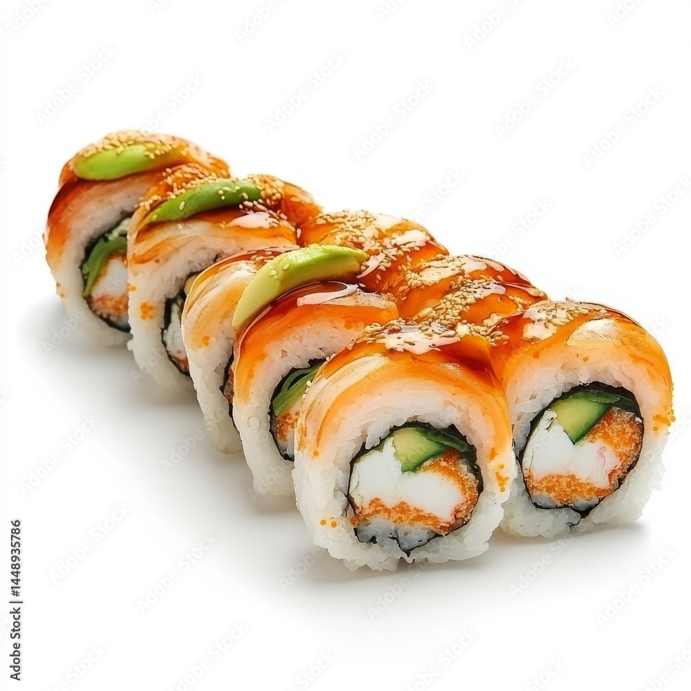 Scrumptious Salmon Sushi Rolls on white background Scrumptious Salmon Sushi Rolls on white background