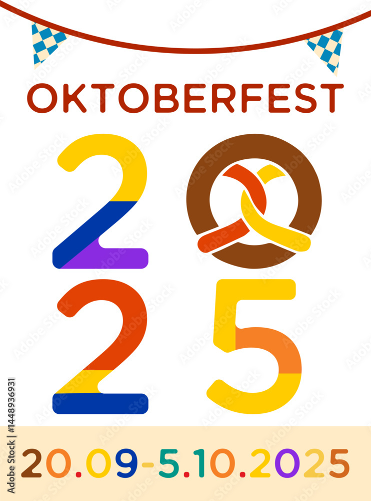 Clean and fun Oktoberfest 2025 design with symbolic numbers, pretzel as Clean and fun Oktoberfest 2025 design with symbolic numbers, pretzel as