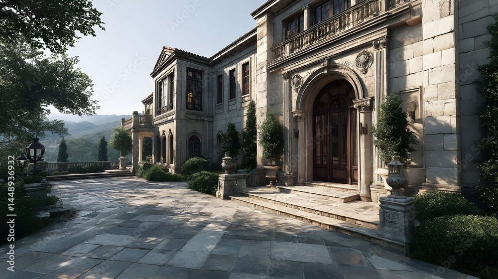 Obraz premium Enter A Luxurious Mansion With Grand Marble Entrance And Expansive Gardens Epitomizing Elegance And Opulence