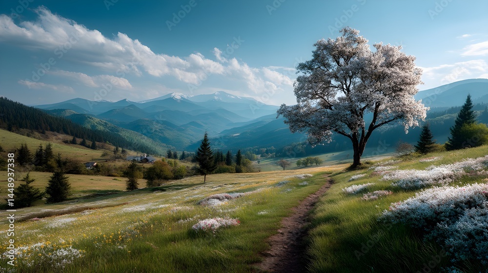 Vibrant Spring Morning Scene with Clear Skies, Green Fields, and Fresh Blossoms for Renewal Inspiration Vibrant Spring Morning Scene with Clear Skies, Green Fields, and Fresh Blossoms for Renewal Inspiration