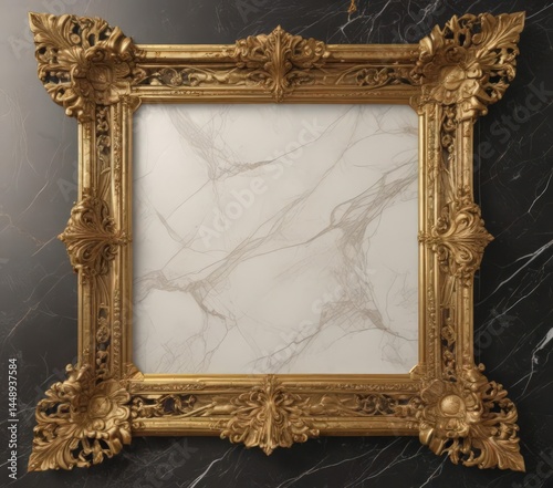 Intricate golden frame on veined marble, ornate details ,  vintage,  rich,  reflective