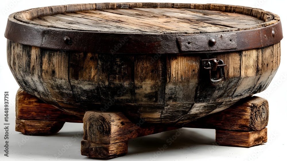 Fototapeta premium Bespoke Rustic Wine Barrel Table Isolated on White Background for Custom Furniture and Farmhouse Decor Inspiration