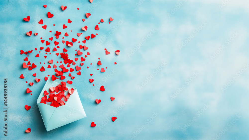 Red paper hearts flying from envelope on blue background