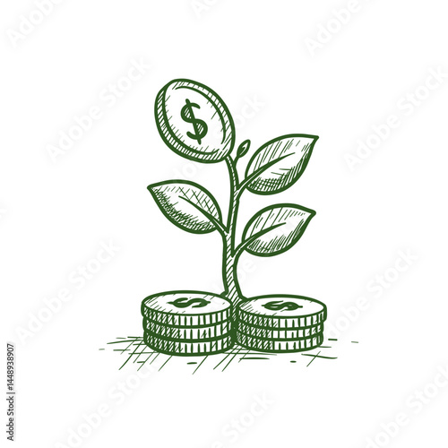Green Investment Sketch Outline Icon, Hand Drawn Vector. Sustainable Finance, Ecological Investment Concept. Graphic Asset, Eco Design