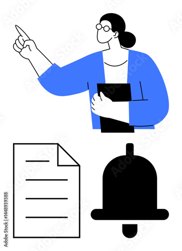 Person gesturing purposefully while holding a folder, paired with bell and document icons. Ideal for education, organization, communication, reminders, notifications, task management, productivity in