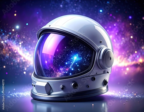 Astronaut helmet reflecting vibrant galaxy. Space exploration, future dreams.