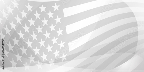 Grayscale vector illustration of a waving American flag with stars and stripes, designed in a minimalist style with smooth curves.